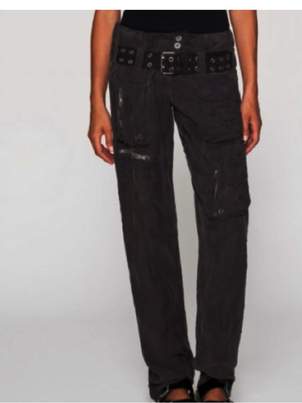 Johnny Was Pants Women 8 Black Satin Cargo Zip Pockets Relax Travel Utility Flaw